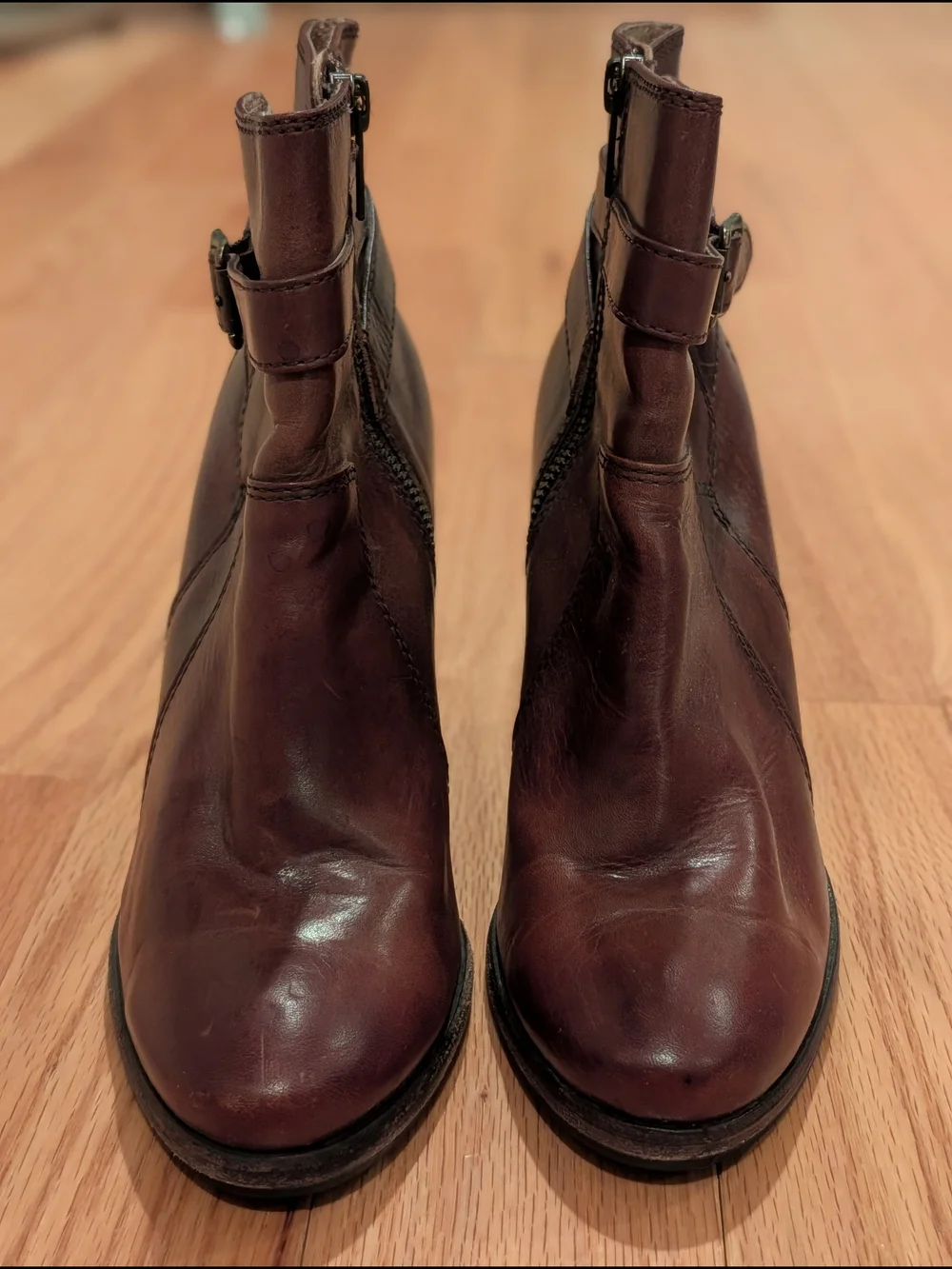 Frye Dark Brown Leather Buckle Ankle Boots